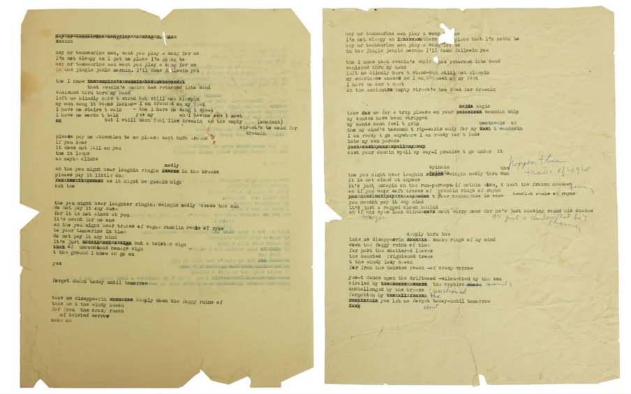 Versurile lui Bob Dylan pentru „Mr tambourine Man” vândute la licitație pentru peste jumătate de milion de dolari imagine postare