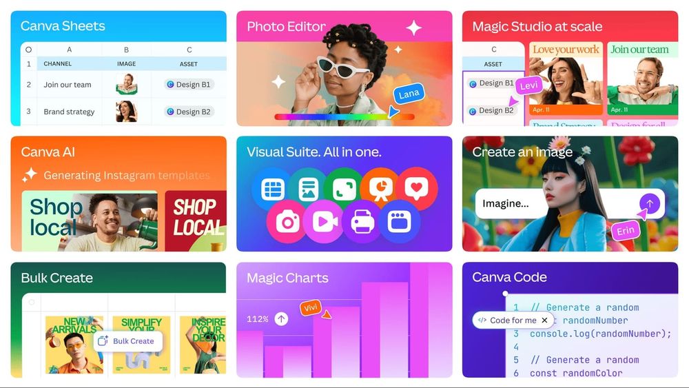 Canva intră pe teritoriul Google și Microsoft: lansează unelte pentru cod, tabele și AI într-o singură platformă imagine postare