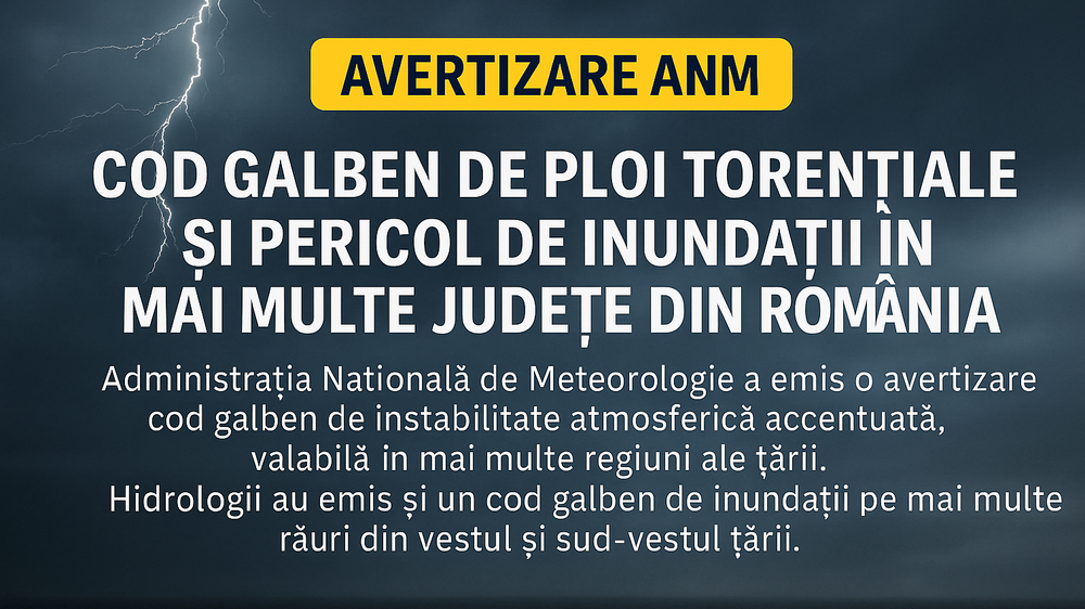Avertizare ANM: Cod galben de ploi torențiale și risc de inundații în 18 județe. Râuri sub alertă hidrologică imagine postare
