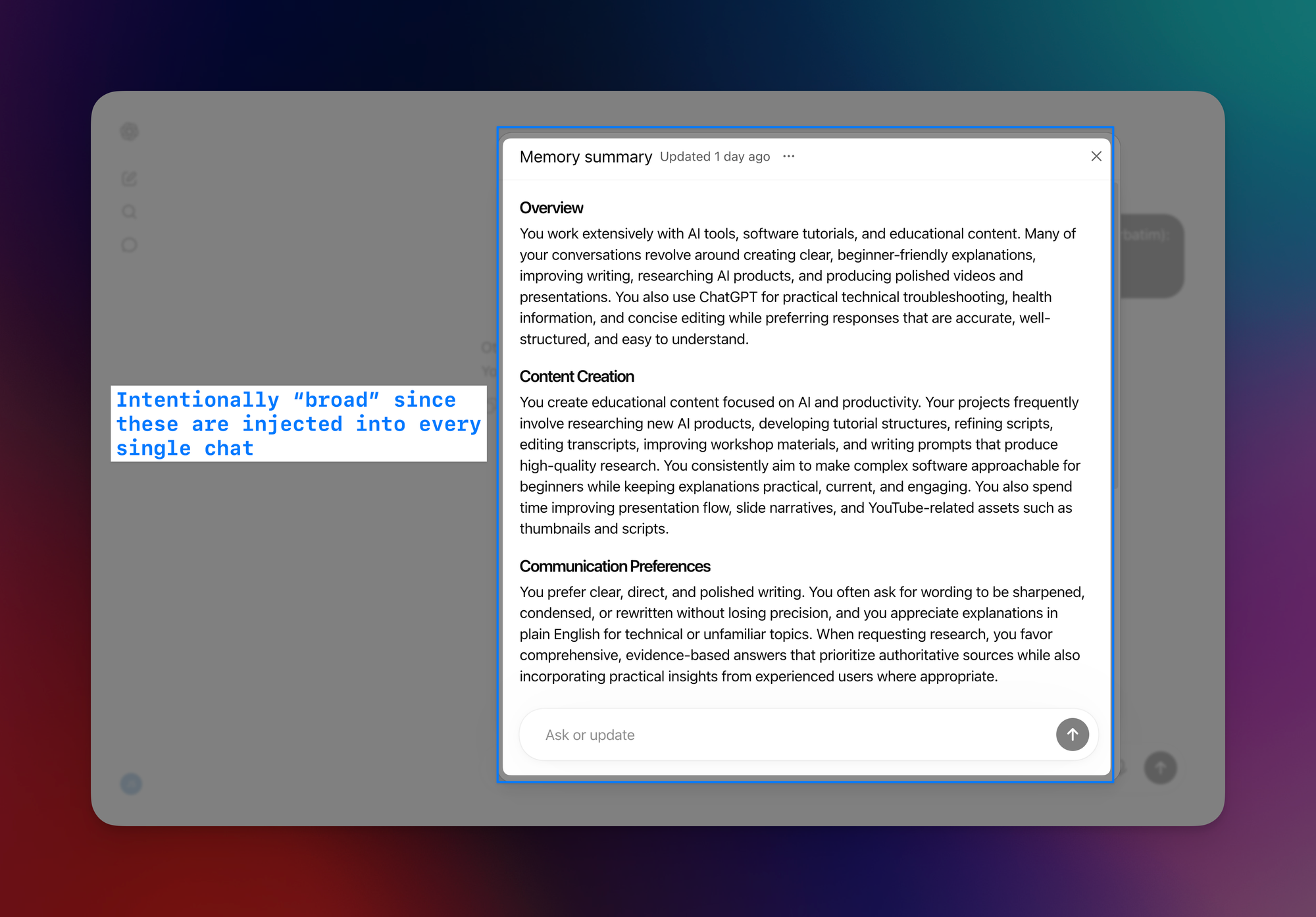 ChatGPT’s Memory summary showing broad account-level facts about content creation, communication preferences, and recurring work.
