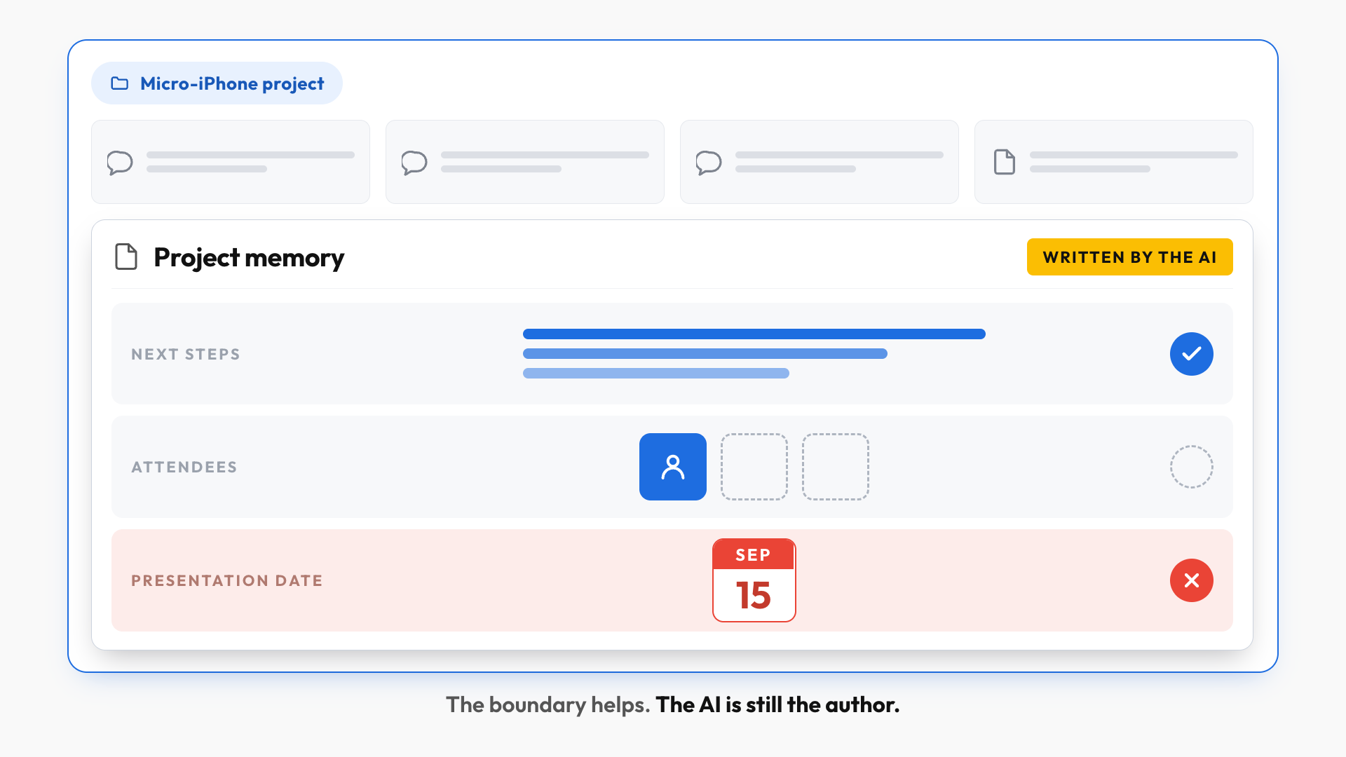 A Micro-iPhone project containing chats, files, and AI-written project memory. The memory has correct next steps but only one of three attendees and a stale September 15 presentation date.