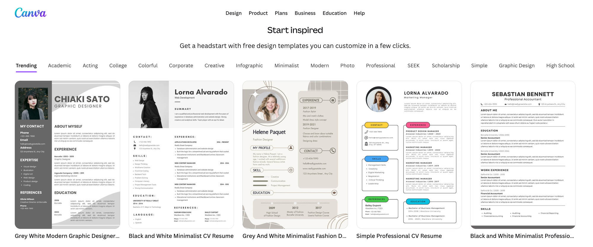 Canva résumé templates with photos, multiple columns, icons, and decorative layouts.