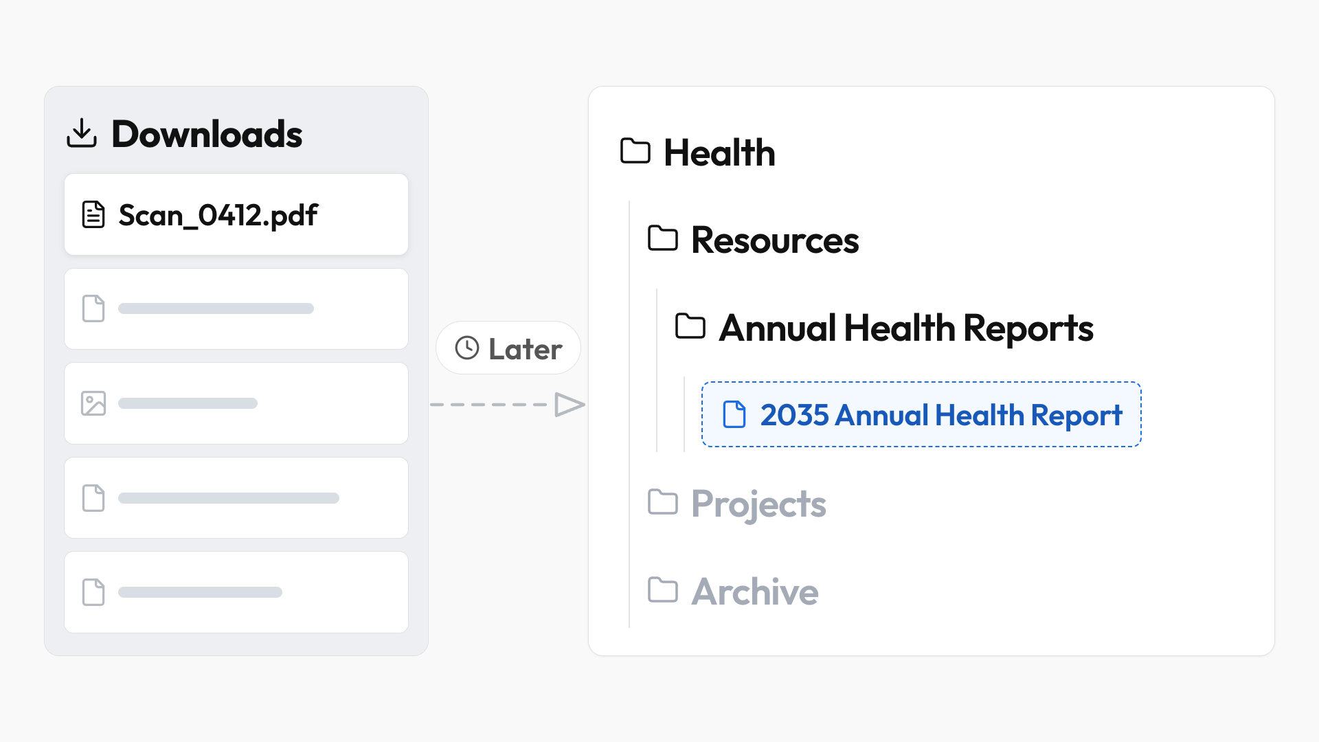 A new health report sits in Downloads because renaming it and filing it under Health keeps getting put off.