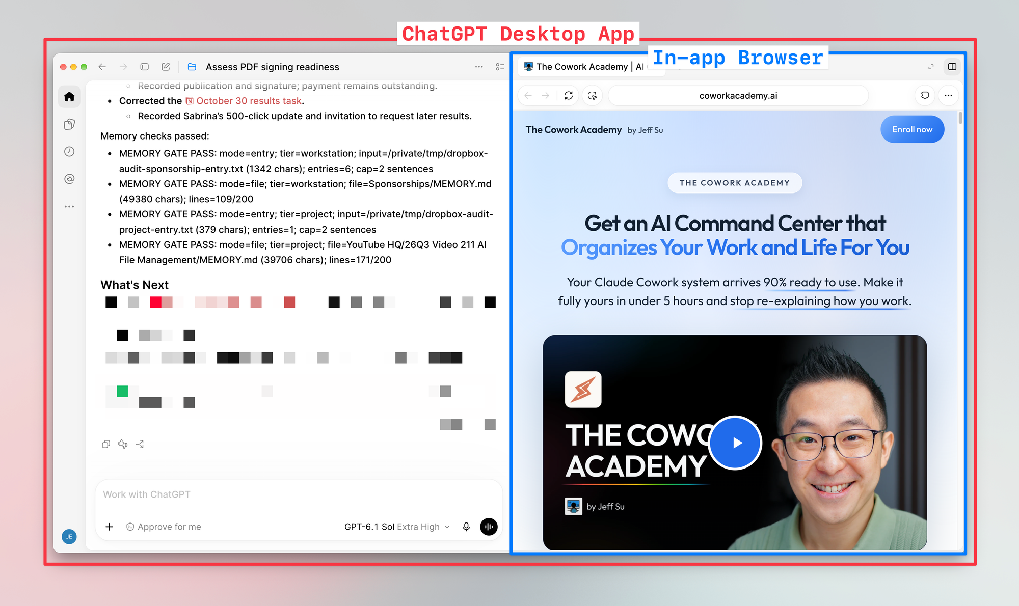ChatGPT desktop opens a website in its built-in browser beside the main conversation.
