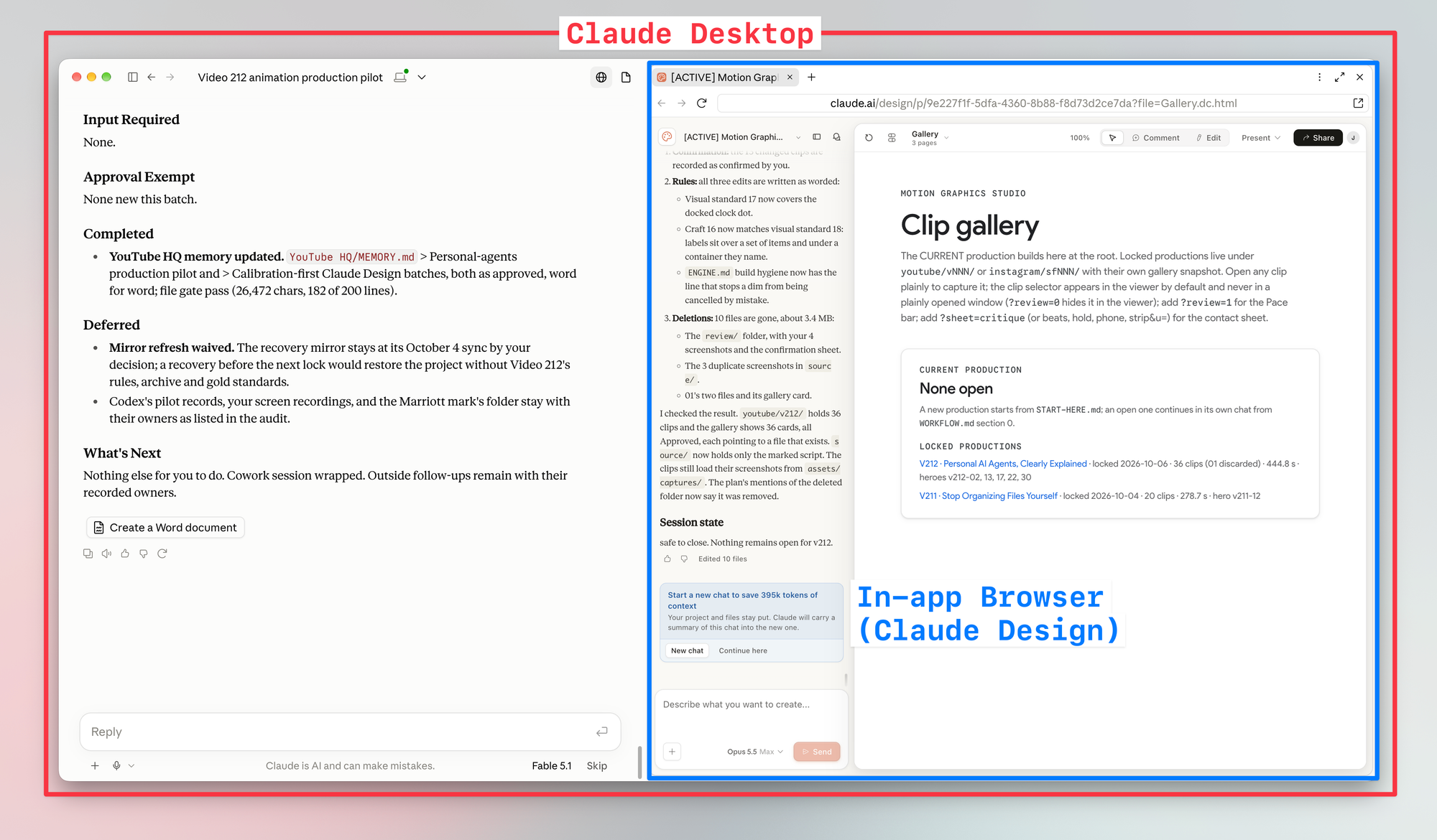 Claude desktop runs Claude Design inside its built-in browser beside the main conversation.