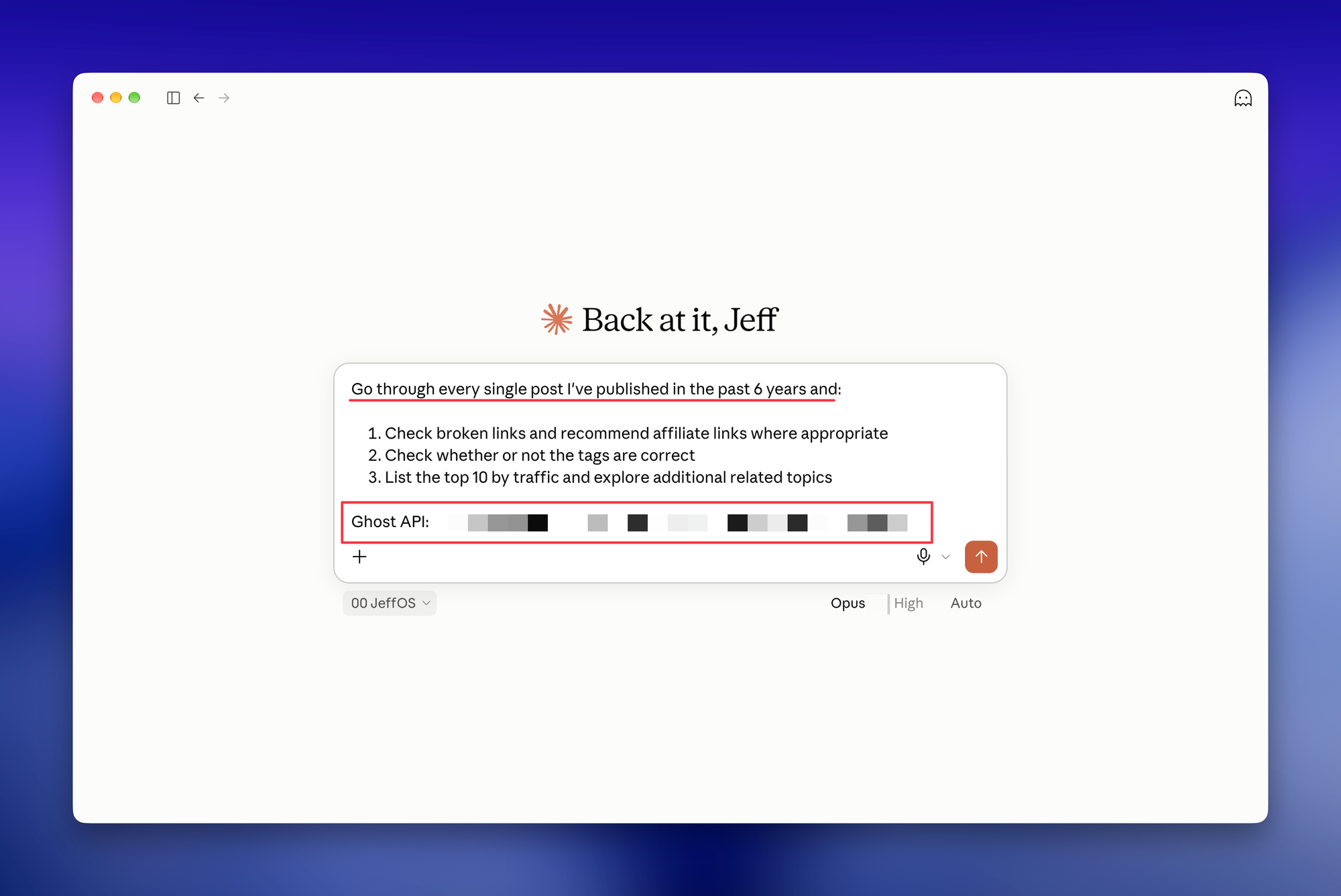 A request to the Claude desktop app to review six years of posts, with the Ghost API key pasted at the end (redacted).
