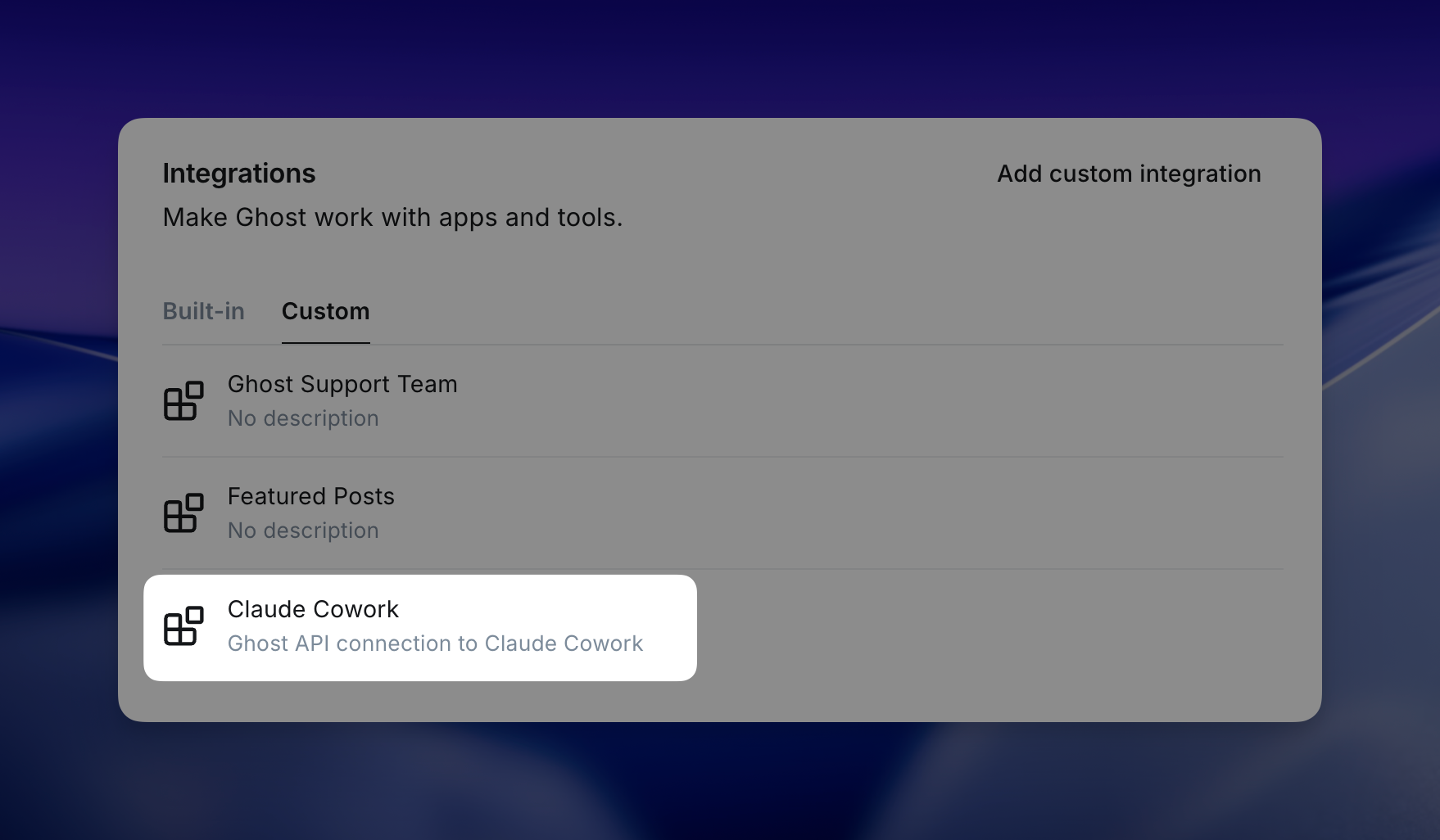 Ghost’s Integrations settings with a custom integration named Claude Cowork.
