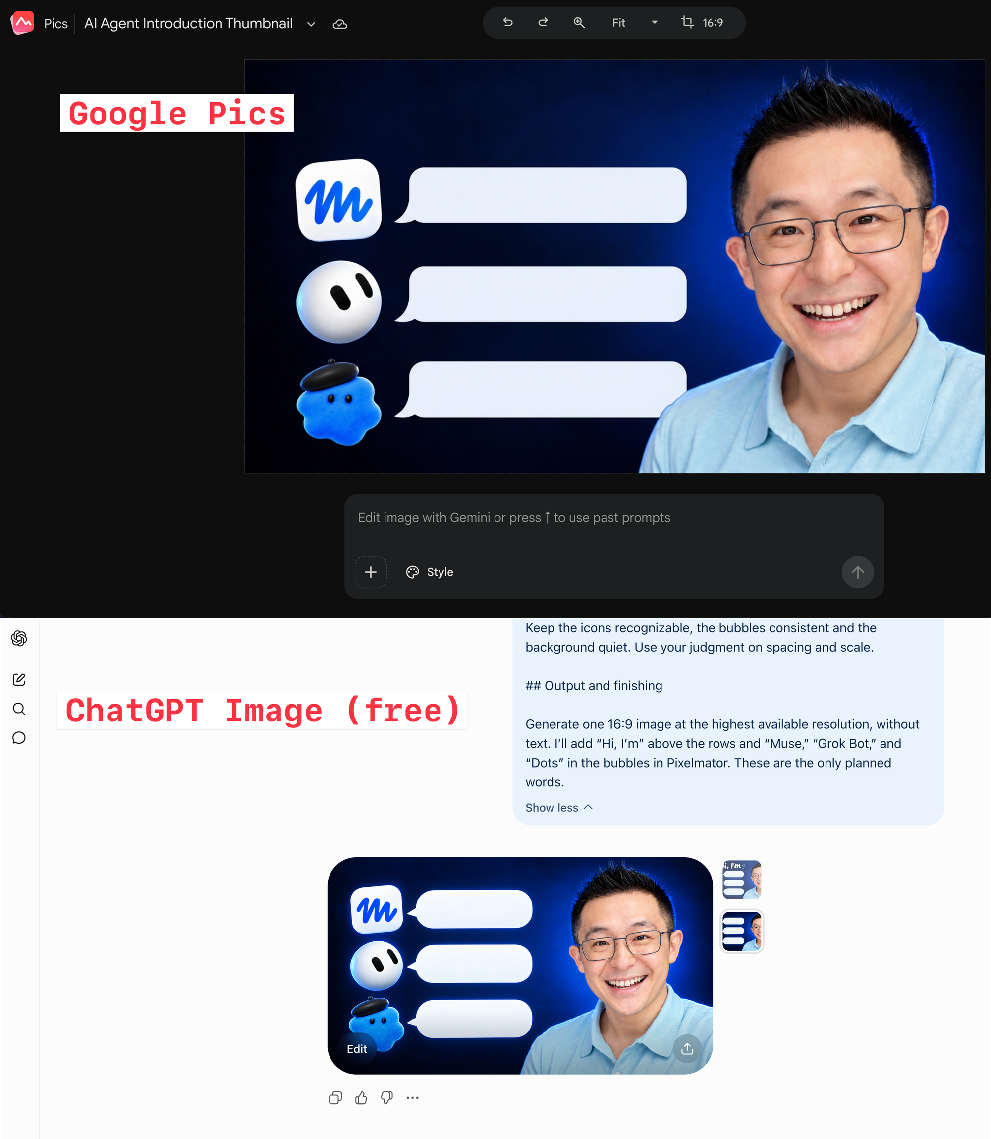 Google Pics and free ChatGPT Images produce similar layouts from the same structured prompt and reference images.