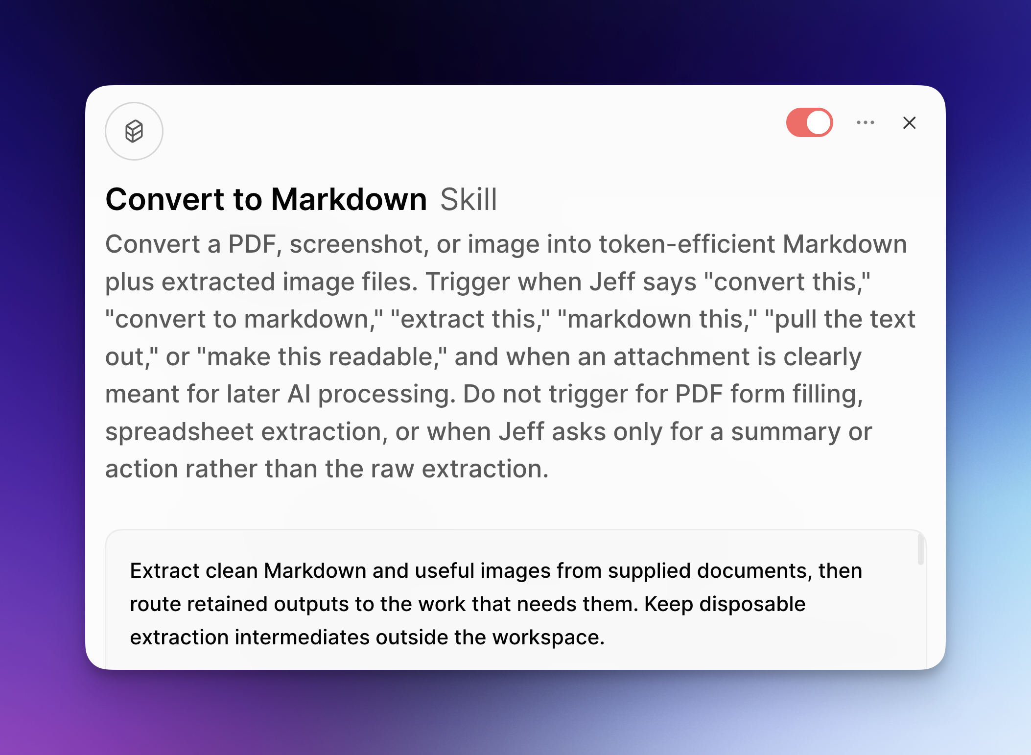 Convert to Markdown runs for document extraction and excludes requests for a summary or action.