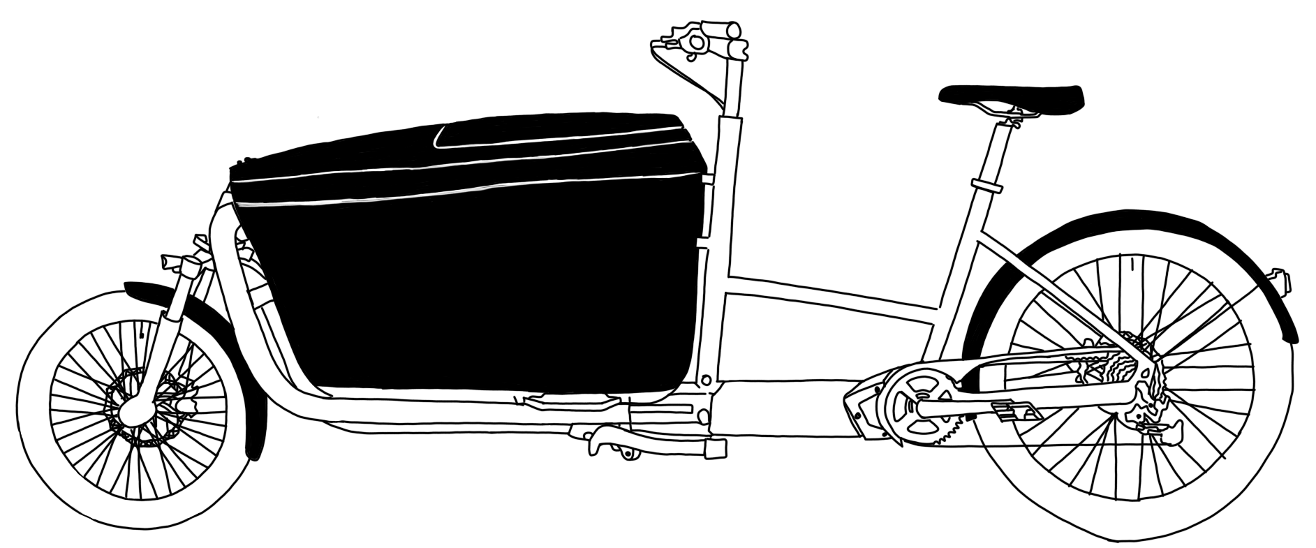 Dessin du vélo-cargo Douze Cycles G4 avec une caisse en plastique et un cadre bas