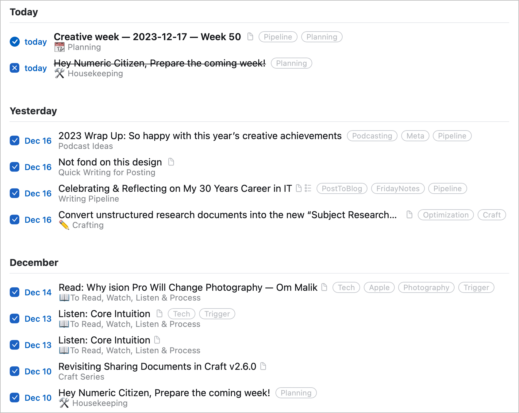 Here is my logbook, as seen in Things 3.