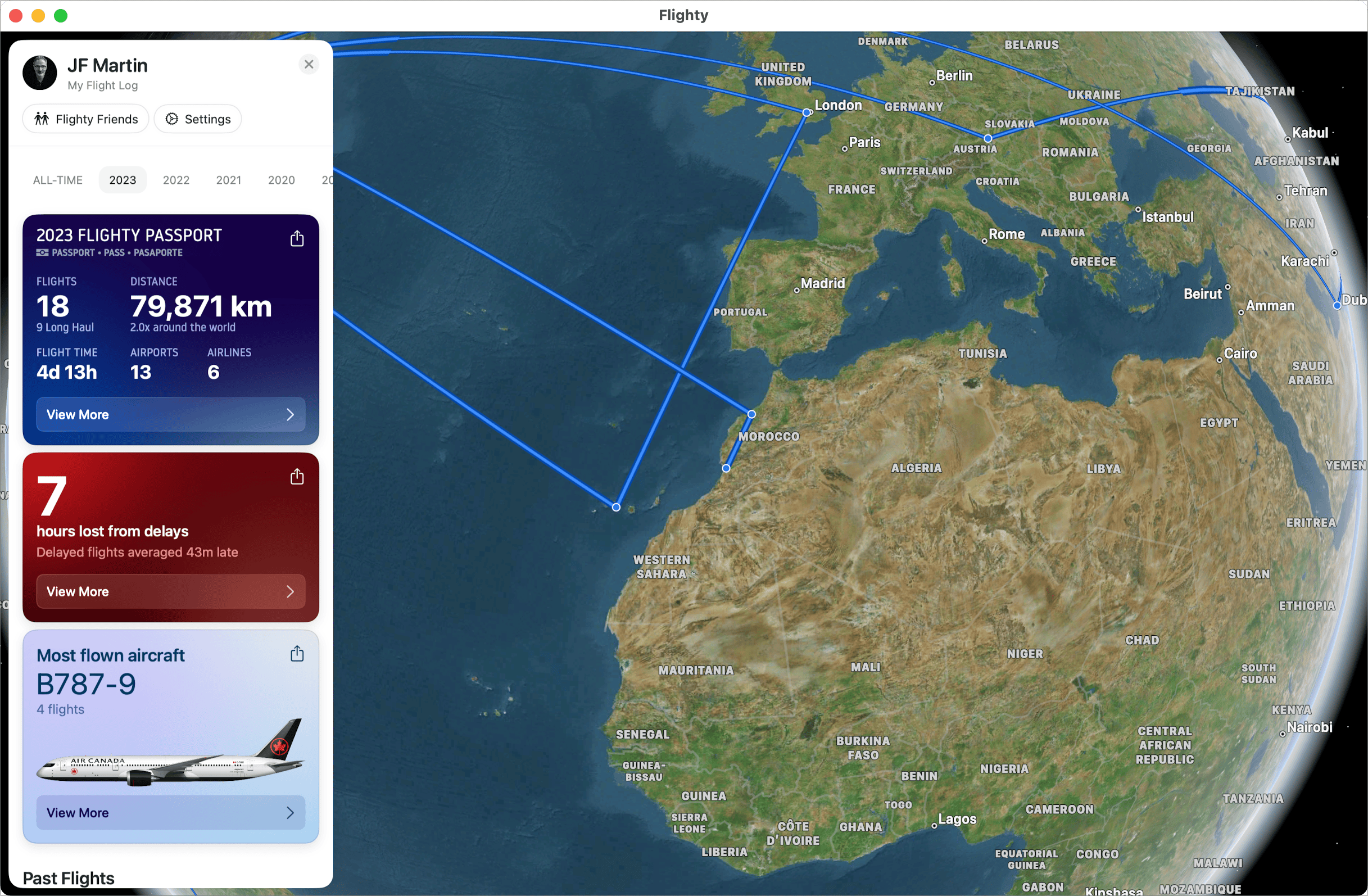 The Flighty yearly summary is displayed on the left sidebar.