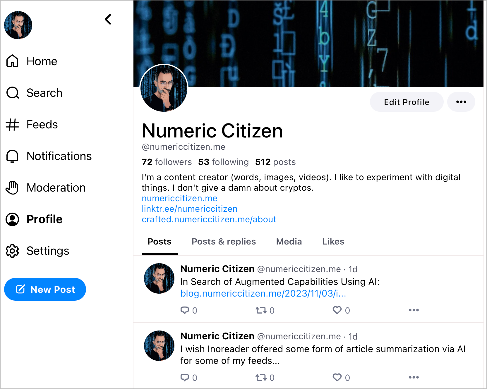 My Bluesky profile page