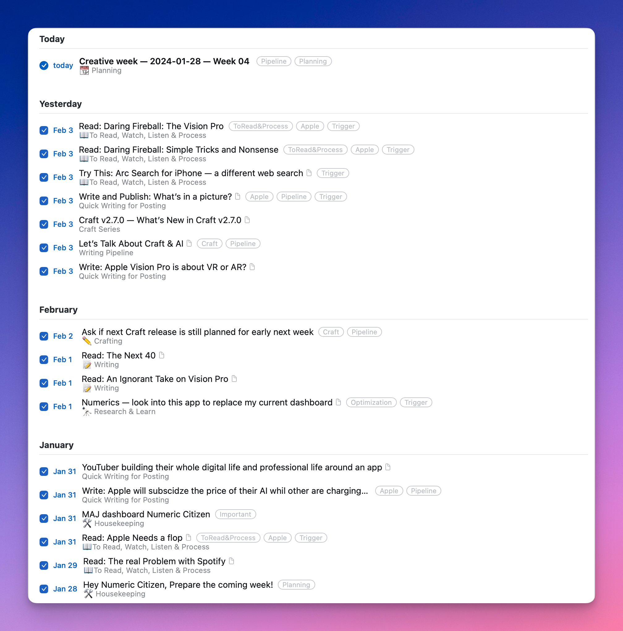 Here is my logbook, as seen in Things 3.