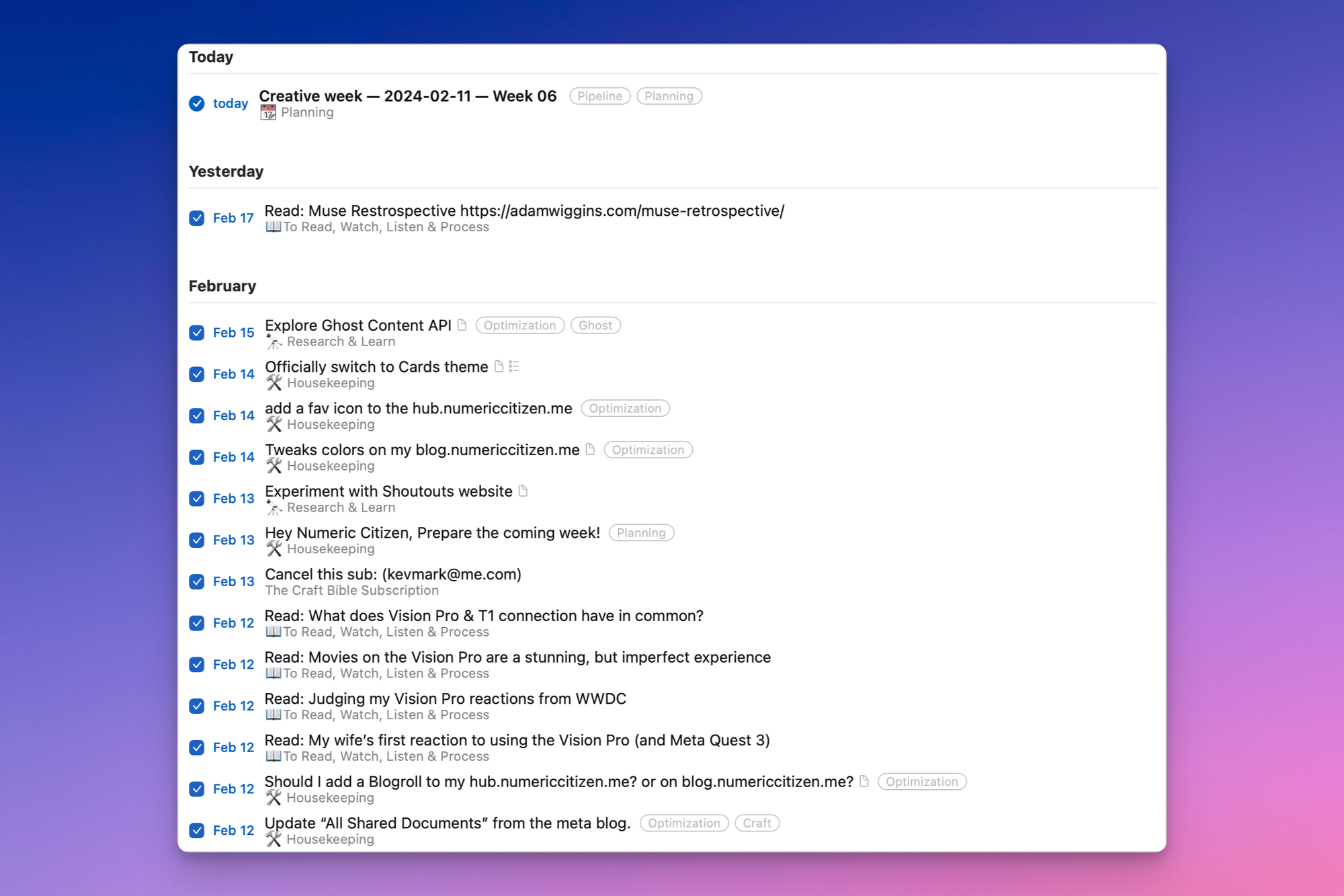 Here is my logbook, as seen in Things 3.