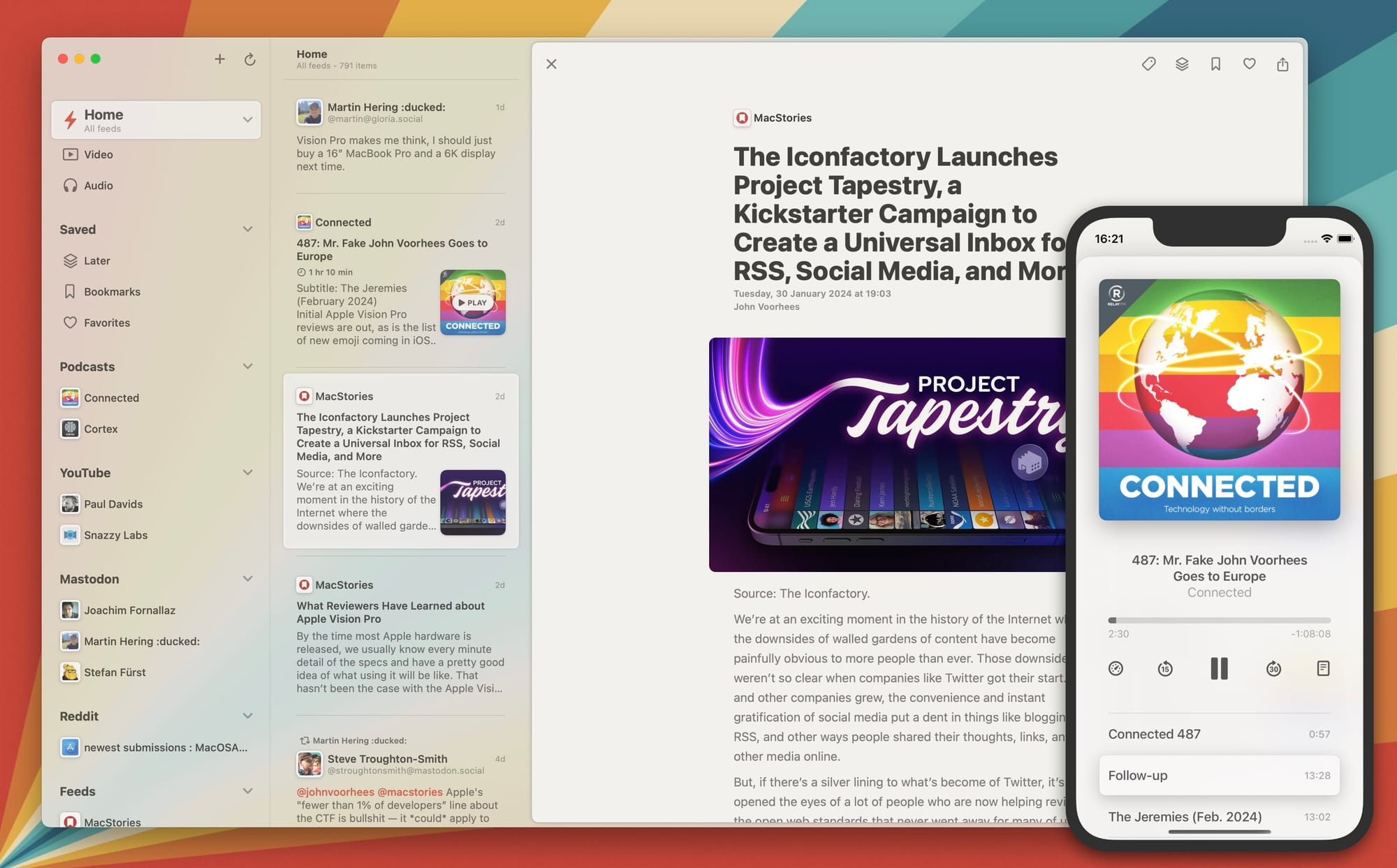 A screenshot of an upcoming app from Reeder’s developer. An app for consuming different feed sources, not only RSS feeds. I’m curious.