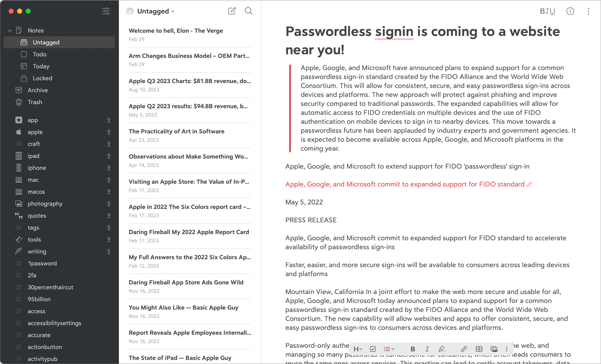 Bear 2 with my reading notes, most of them coming from exported Readwise highlights.