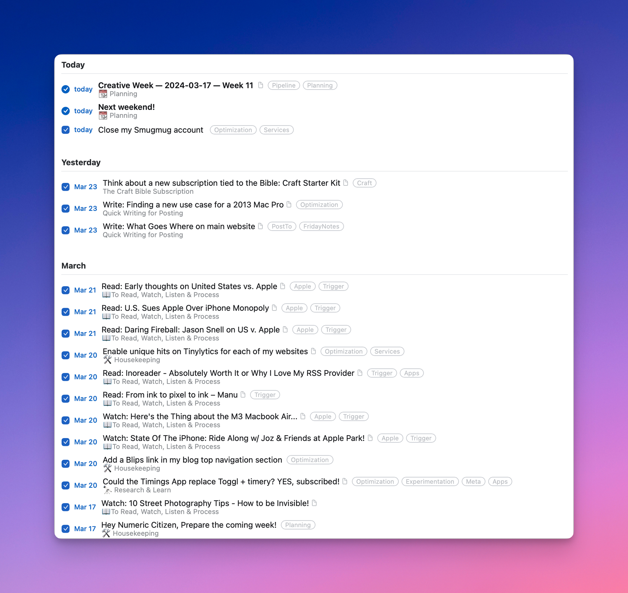 Here is my logbook, as seen in Things 3.