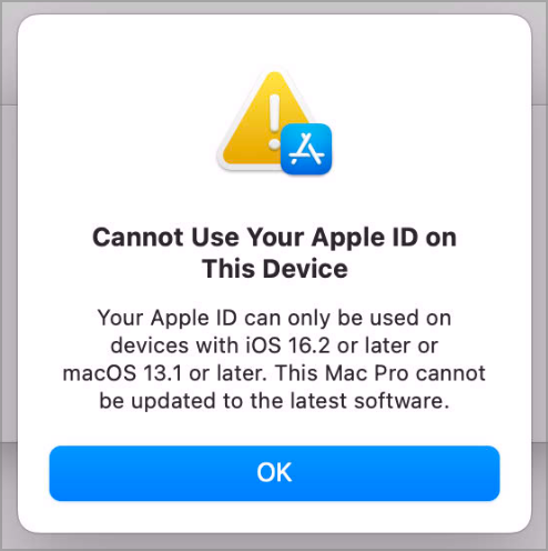 A warning pops up when trying to install updates.