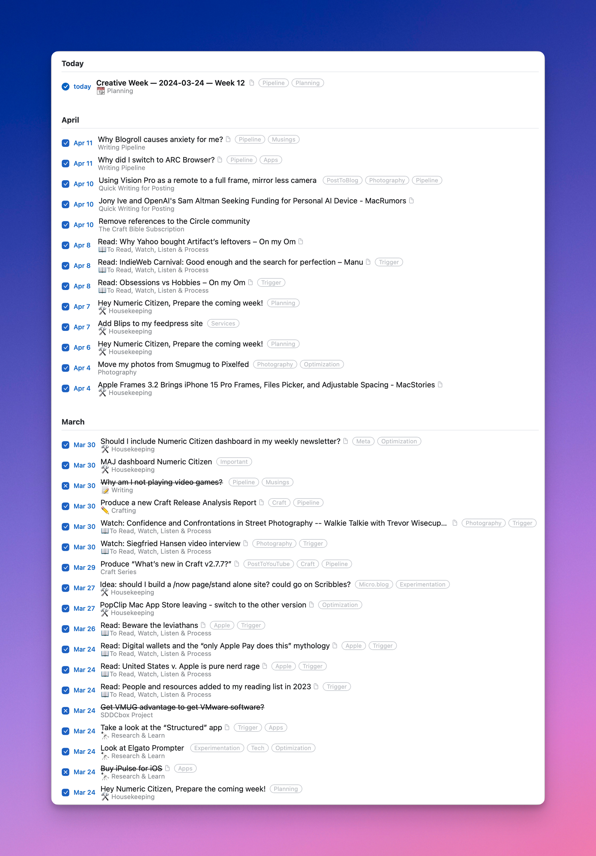 Here is my logbook, as seen in Things 3.