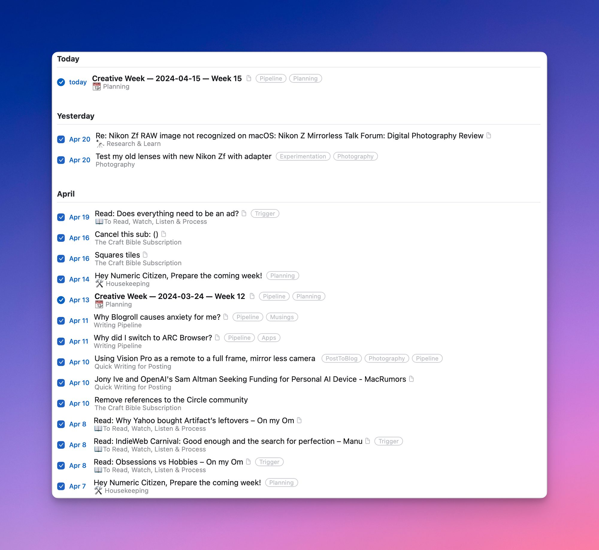 Here is my logbook, as seen in Things 3.