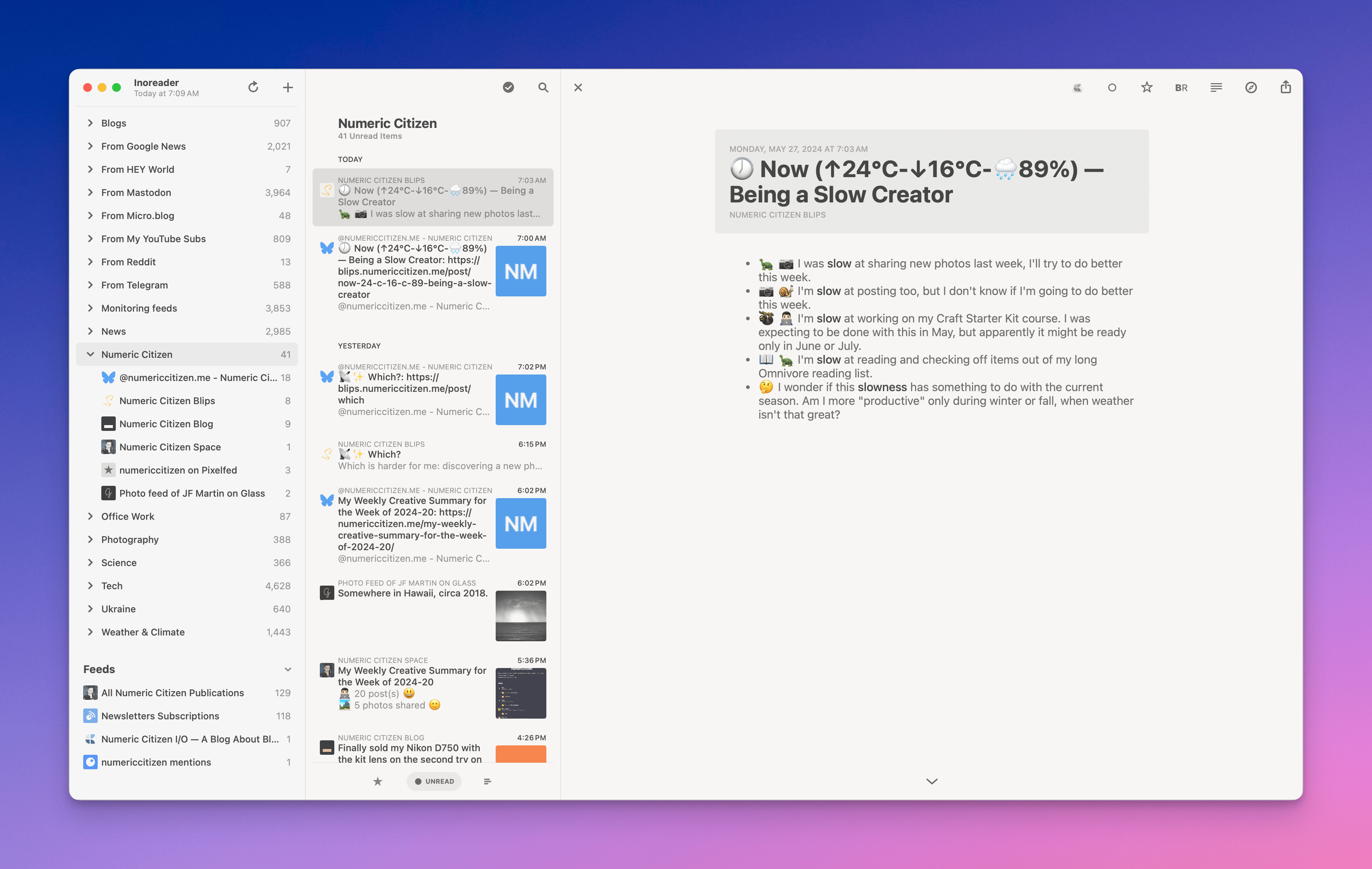 My RSS feeds as seen in Reeder.