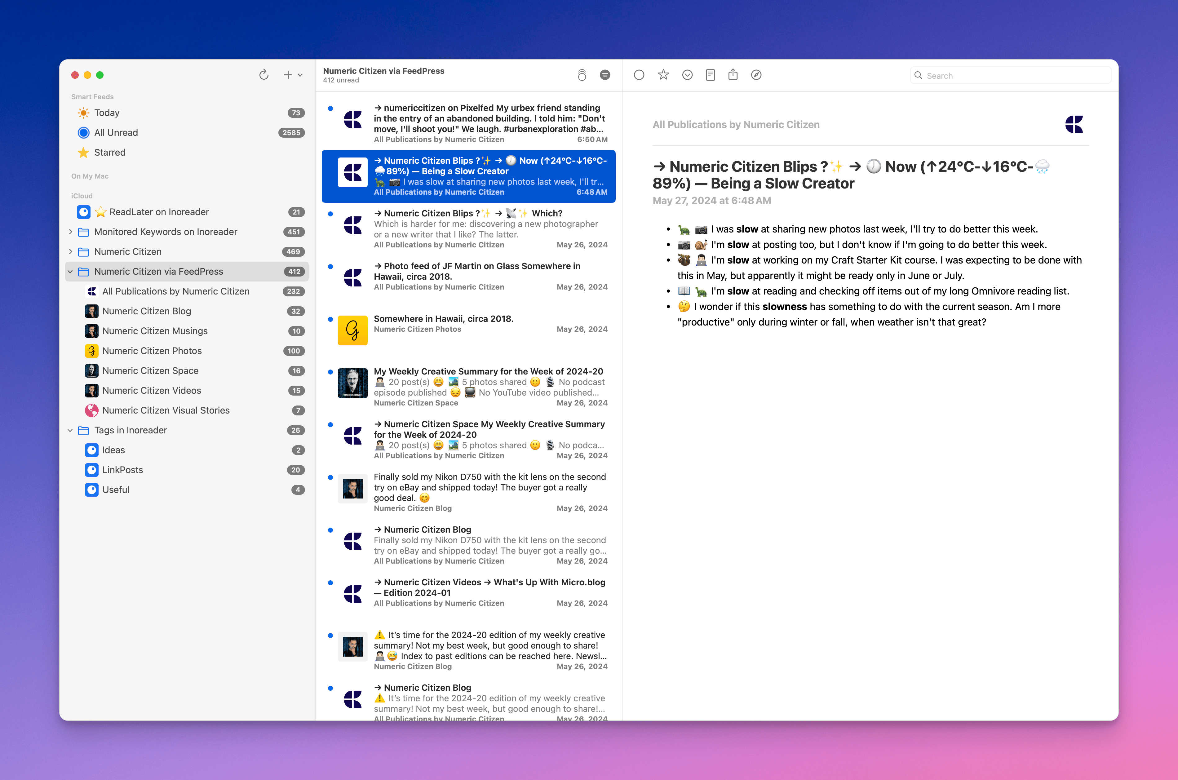 My RSS feeds as seen in NetNewsWire.