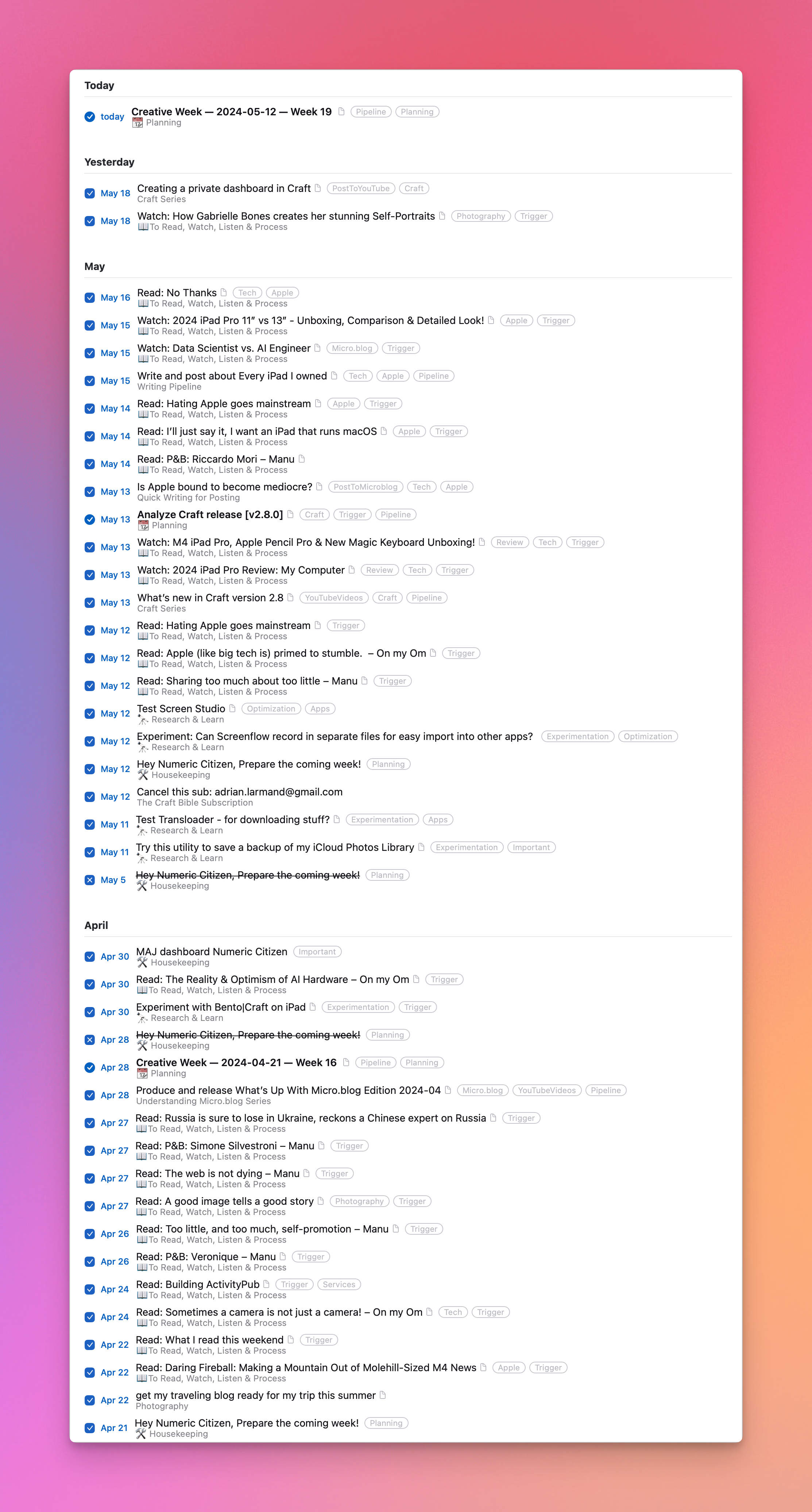 Here is my logbook, as seen in Things 3.