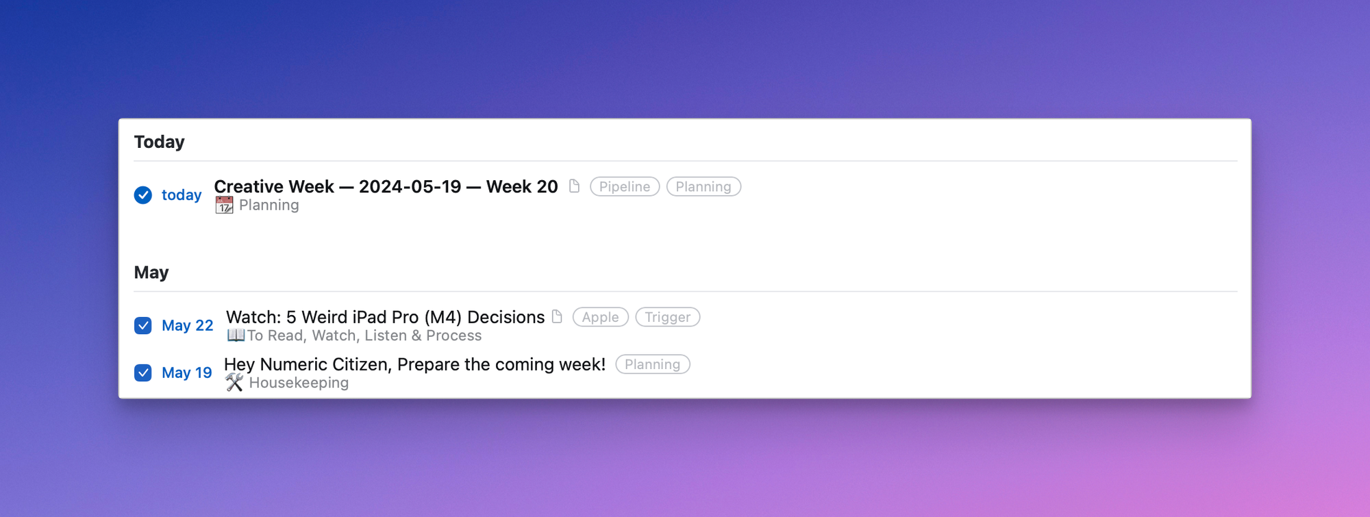 Here is my logbook, as seen in Things 3.