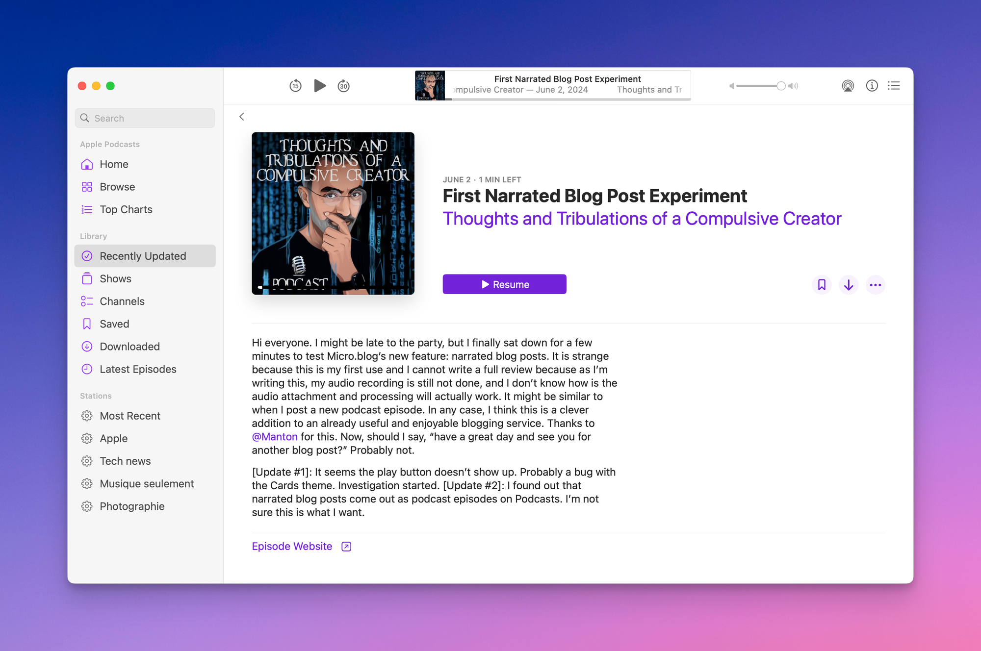 This is how narrated blog posts appear in Apple’s Podcast app.