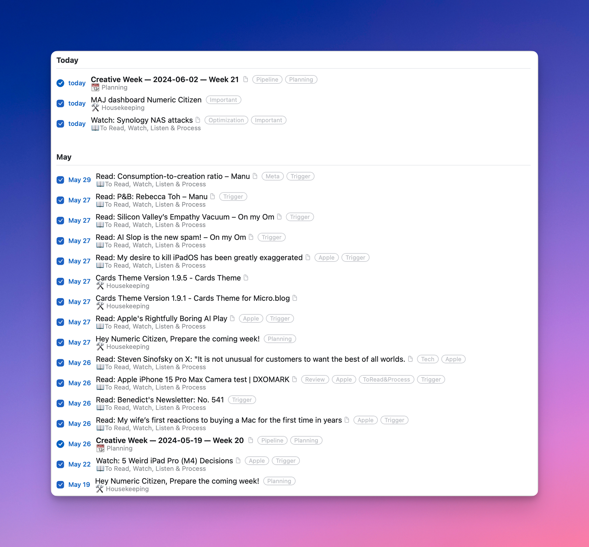 Here is my logbook, as seen in Things 3.