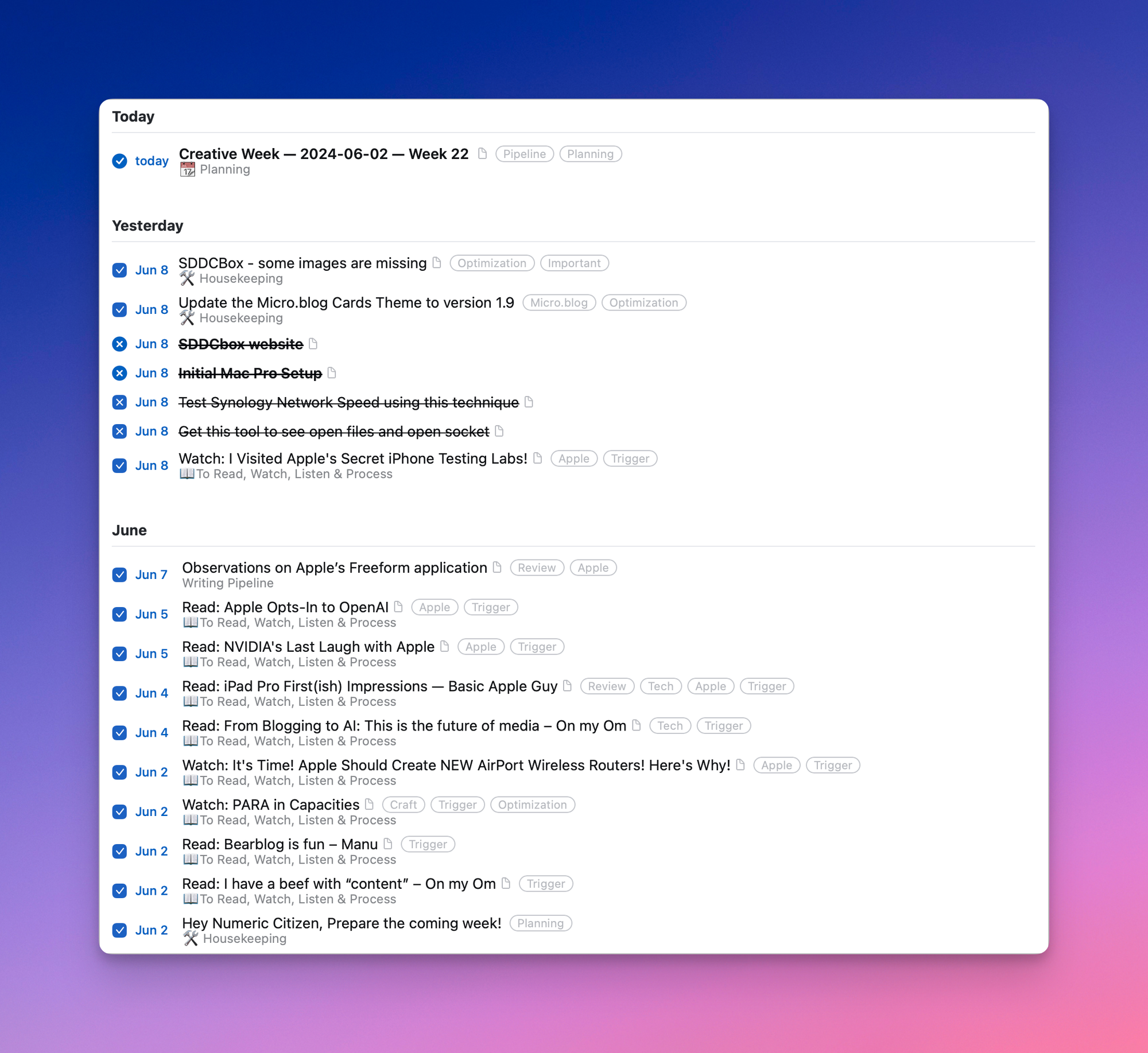 Things that I accomplished during the week, as seen in Things 3.