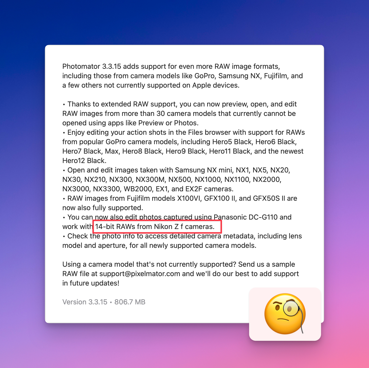 Photomator update promising support for Nikon Zf RAW image format.
