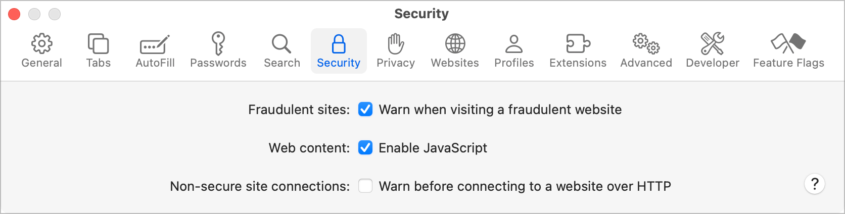 Safari Fraudulent sites prevention option.