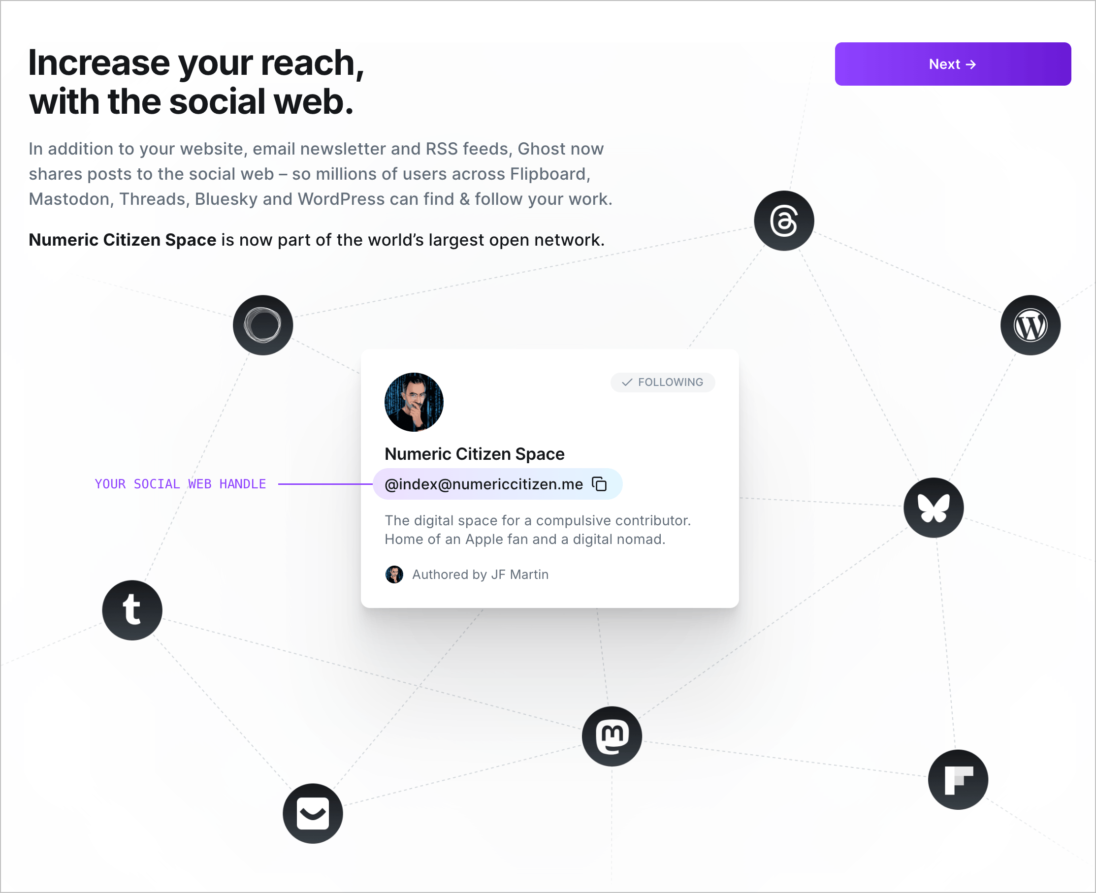 Ghost’s social web onboarding.