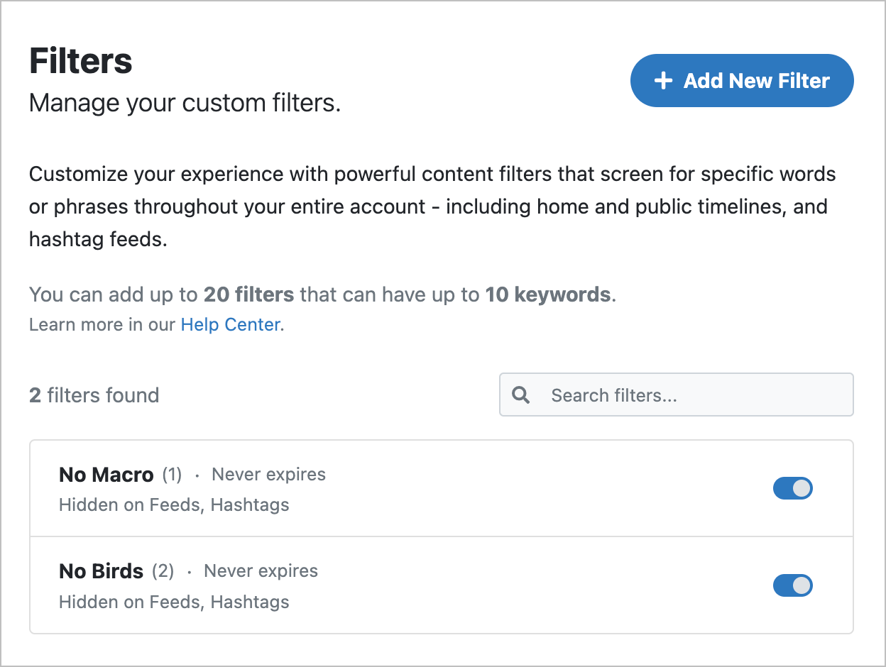 The filter configuration panel on Pixelfed.