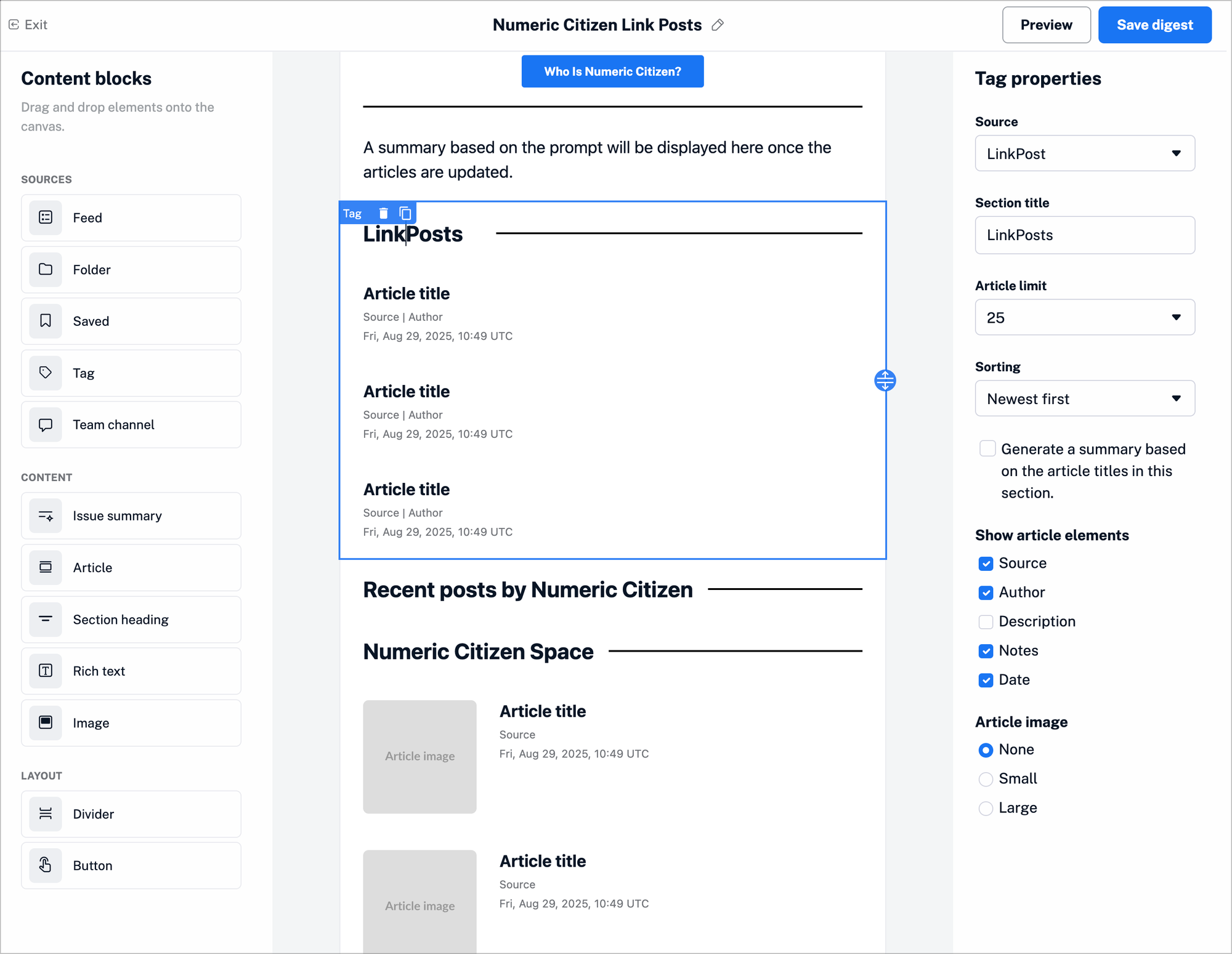 The email digest editor.