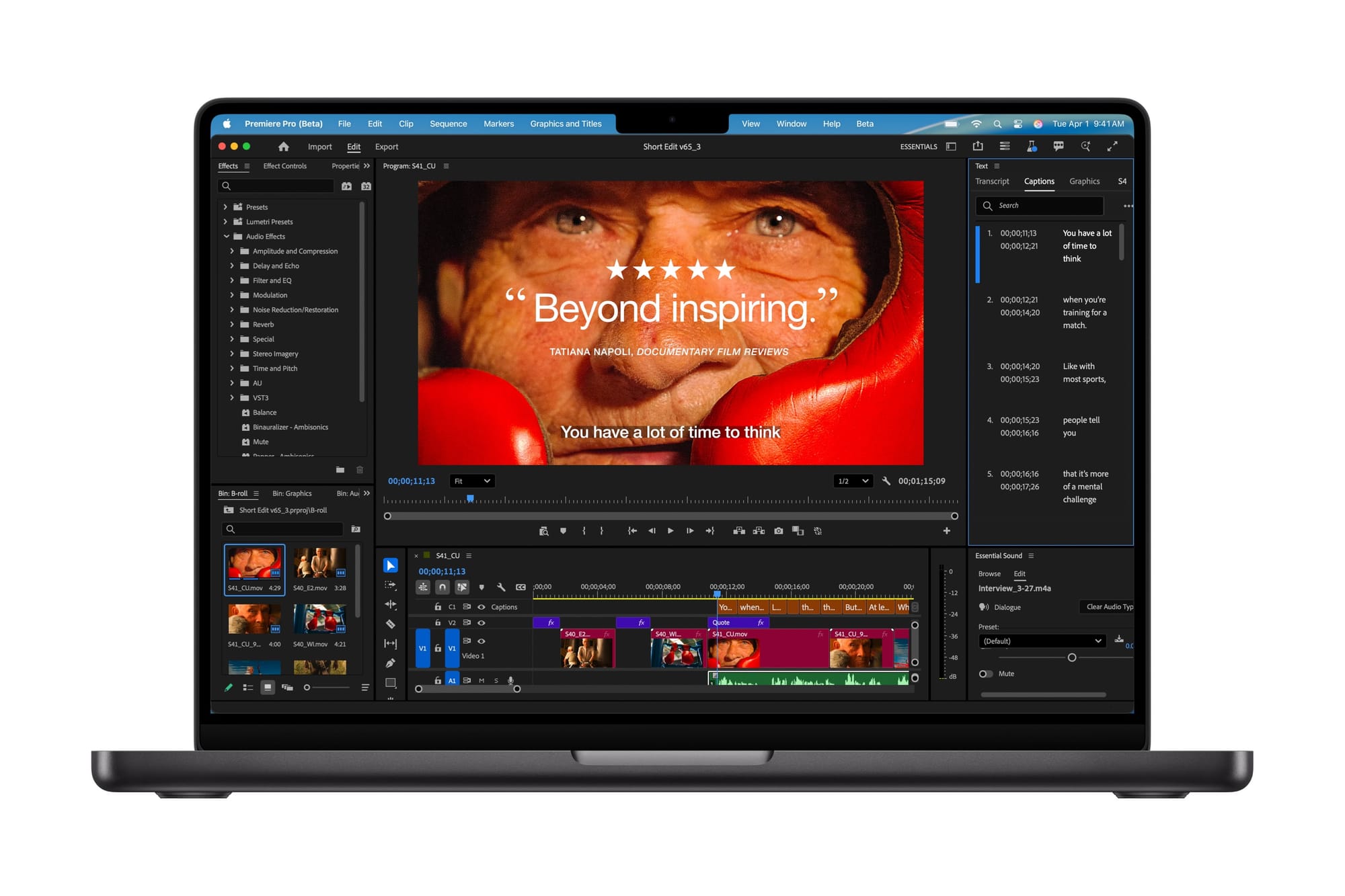 A MacBook Pro is shown running a single app in full-screen mode.