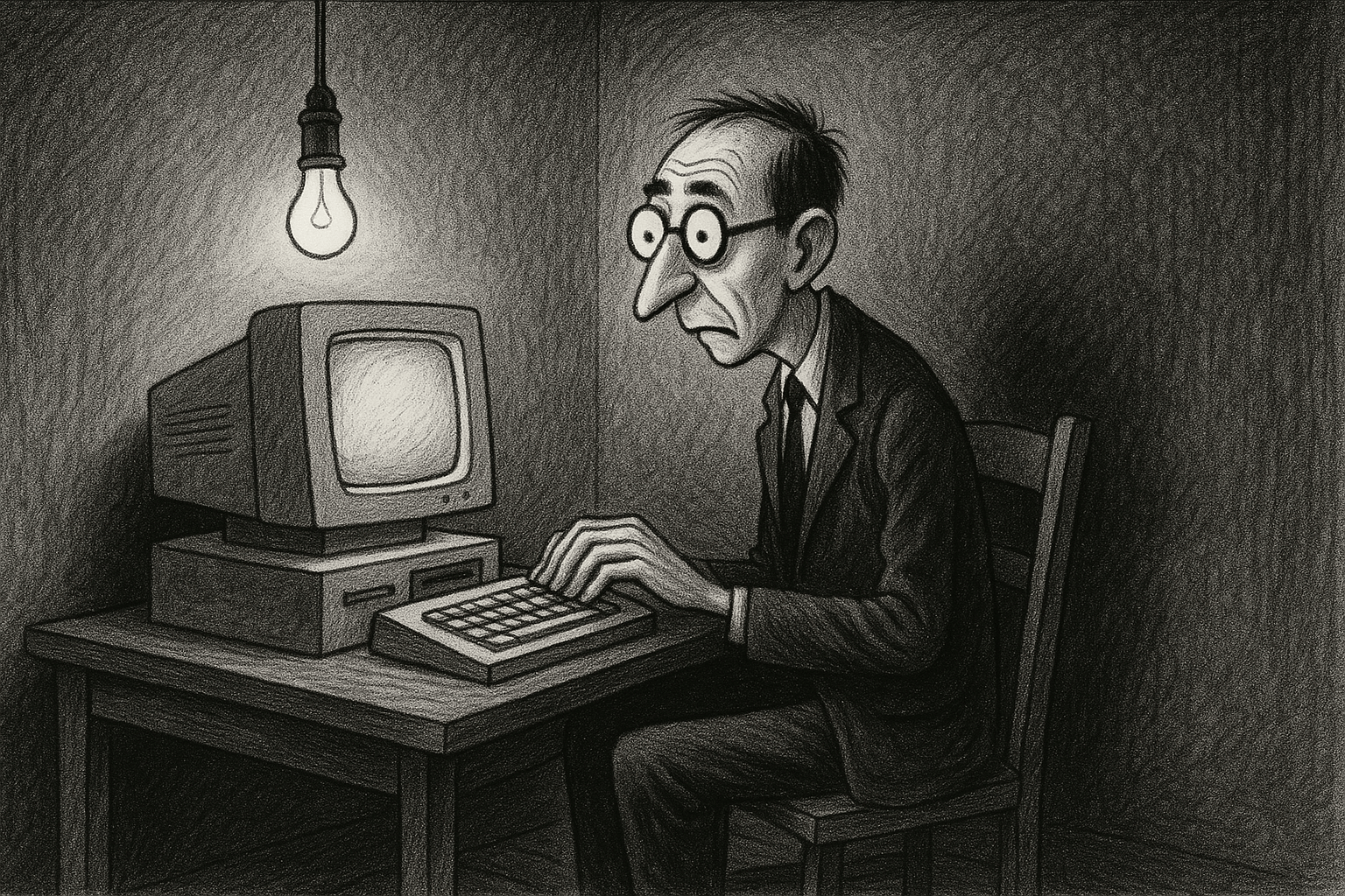 I really like Charles Addams cartoonist style of drawing. Can you create an image inspired by his style of a man sitting in front of an old computer in a small room with a single light over him and the computer? — my ChatGPT prompt