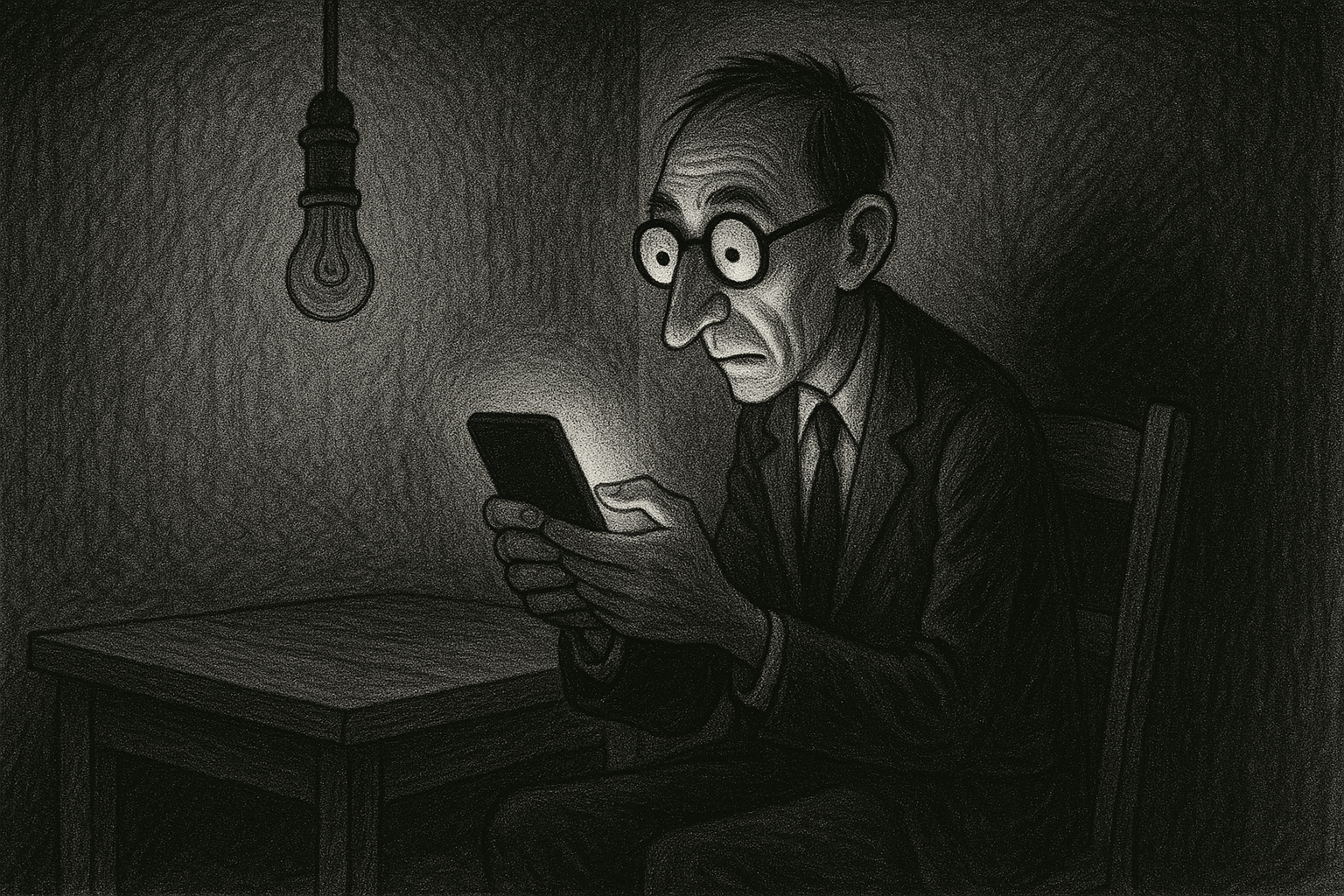 Create another version with this man holding a smartphone. His face should be illuminated by the smartphone screen. — my ChatGPT prompt follow-up