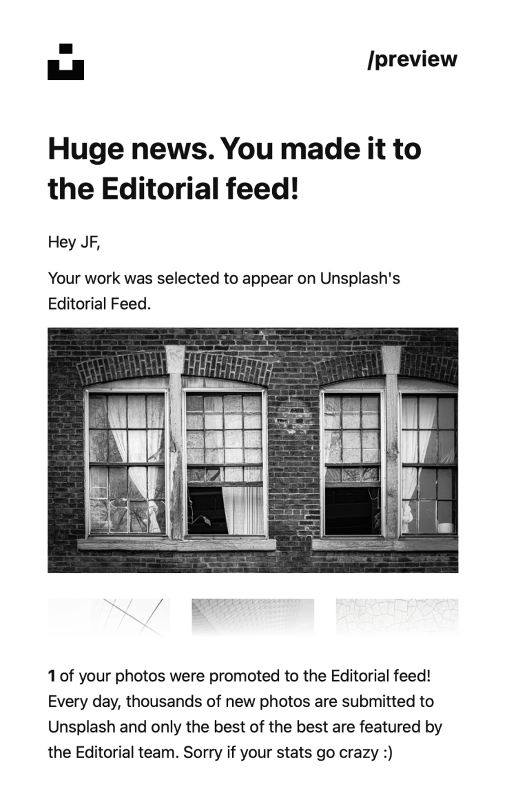 Congratulations from Unsplash 