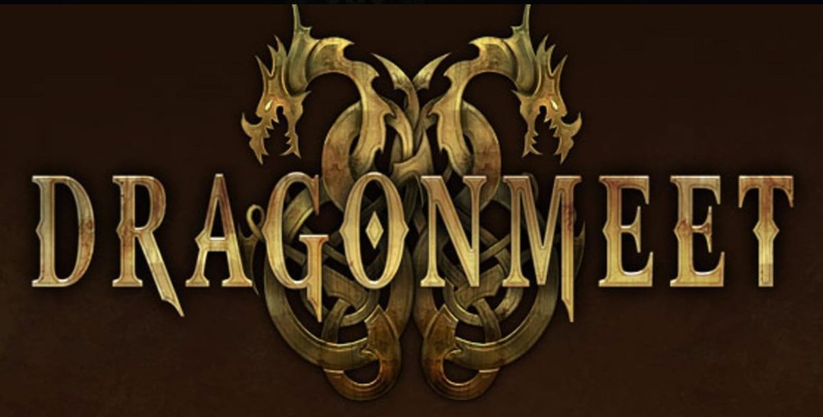 Dragonmeet logo, gold dragons on brown background, text Dragonmeet in centre and behind 2 stylised dragons curling around heads facing away