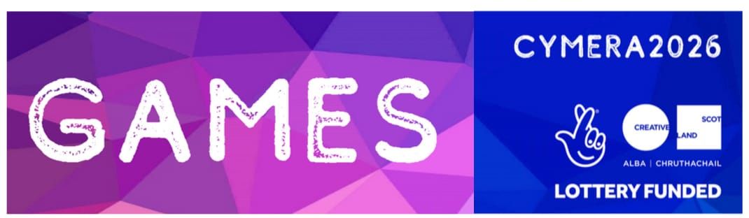 Screen grab from Cymera website games page,  a banner in purple to blue colour scheme say ing GAMES in big white text and info on sponsors etc far left
