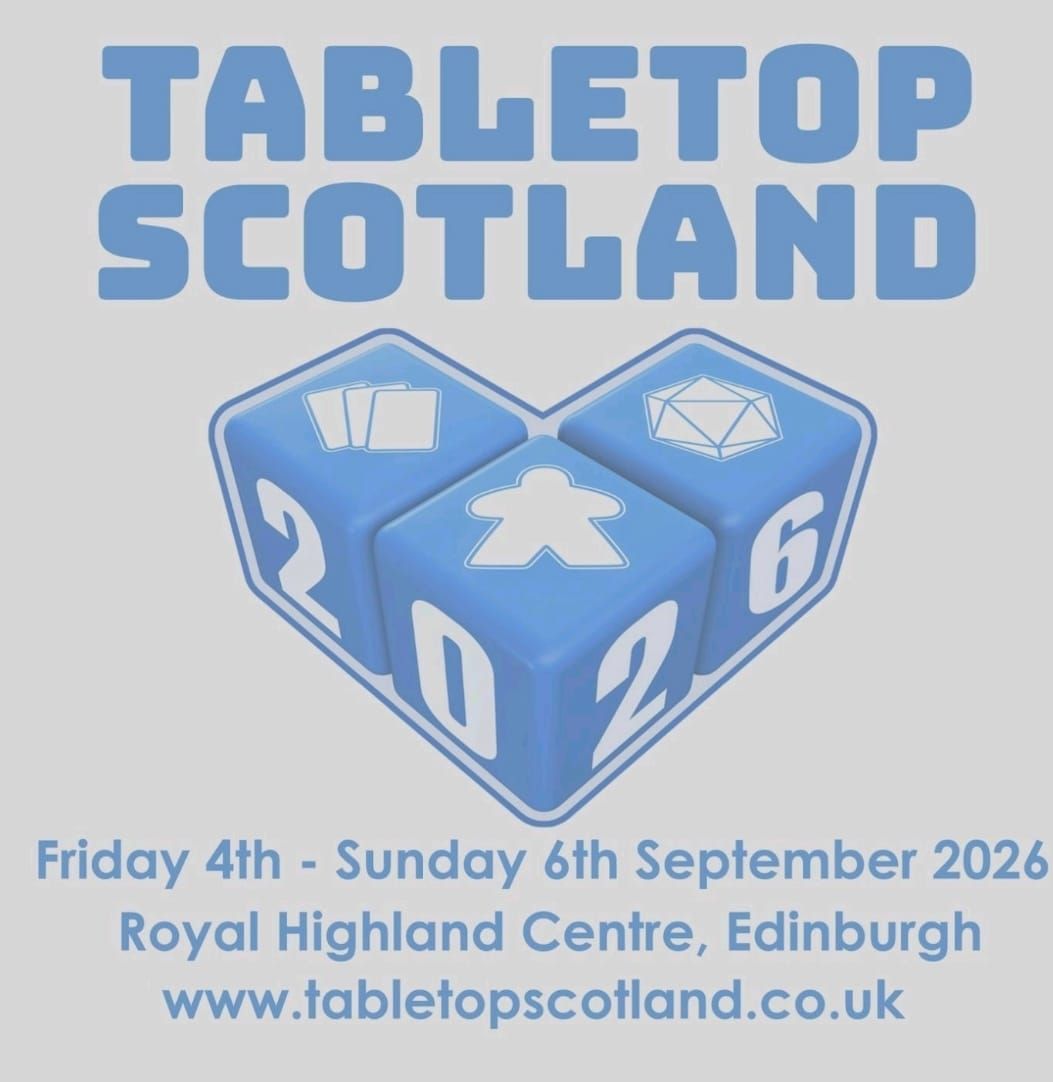 Tabletop Scotland 2026 logo, white background with blue dice and text for event, dice are in a right angle spelling 2026 on the faces