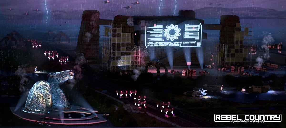 Sinister looking four towered imperial datacentre with futuristic Kelpies to left and stormy Scotland in space landscape, vehicles with headlights across image