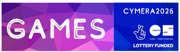 Screen grab from Cymera website games page,  a banner in purple to blue colour scheme say ing GAMES in big white text and info on sponsors etc far left