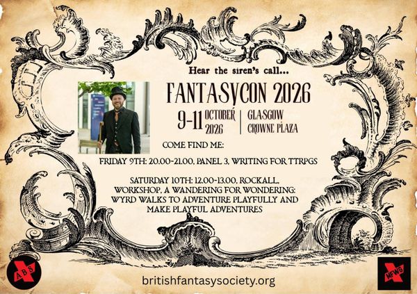 Flyer for Fantasycon 2026 in Glasgow, elaborate border scroll all sided in B&W logos for ABS circular bottom left and More Fun With Gamed square bottom right both black and red, centre left i