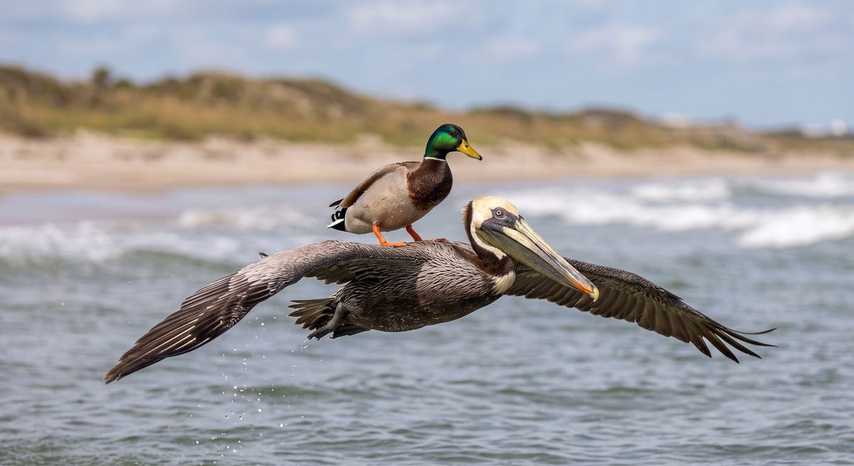 A duck standing on top of a flying pelican.