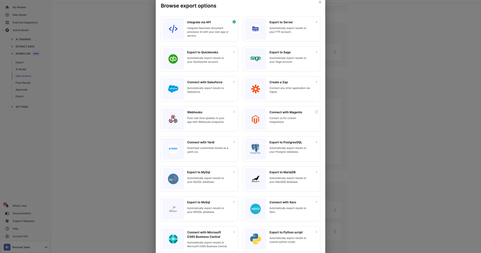 Document export options on Nanonets