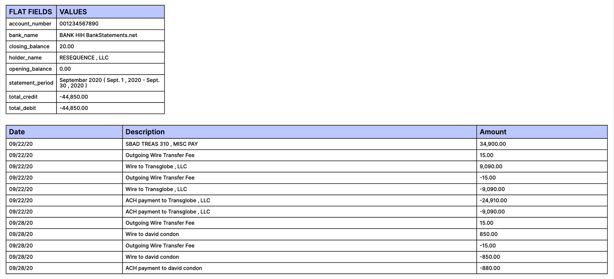 preview of the extracted data